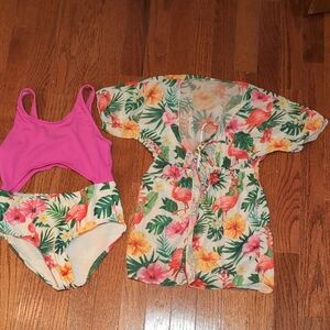 Floral Tropical Swim Suit with Cover Up Size 7Y White Pink Green Floral